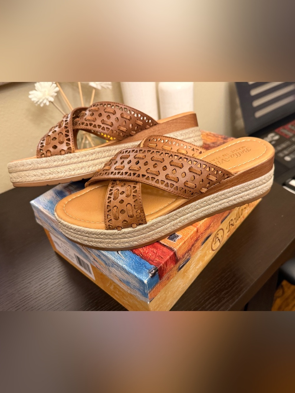 BELLA VITA ITALY EXA-ITALY ESPADRILLE LEATHER WEDGE SANDALS Womens 8.5 Like New